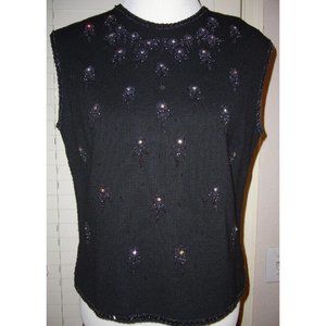 Palio Sleeveless Floral Beaded Sweater Black Knit Fully Lined Back Zip See Descr